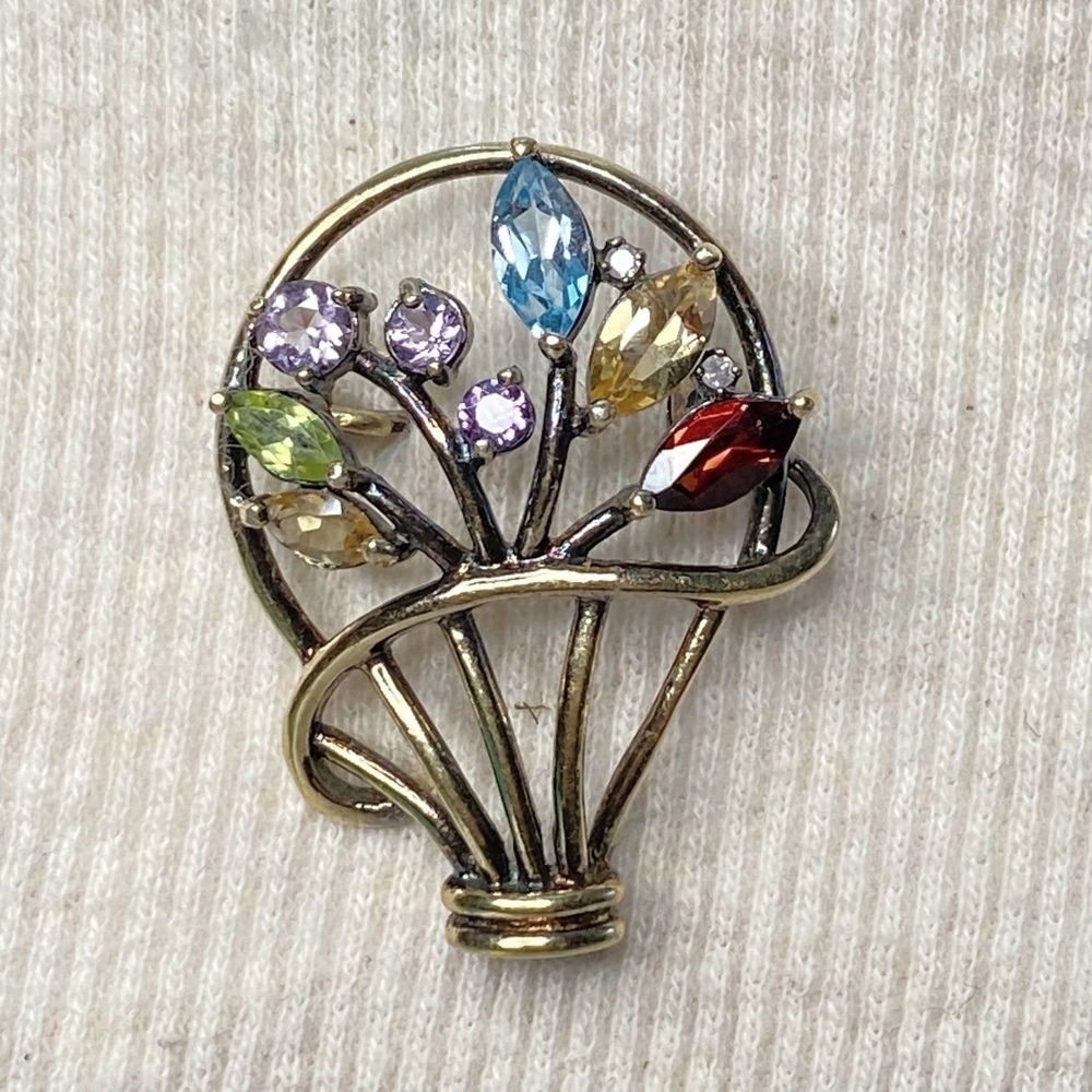 💎Vintage Basket Of Flowers Brooch 925 Sterling Vermiel With Faceted Gemstones